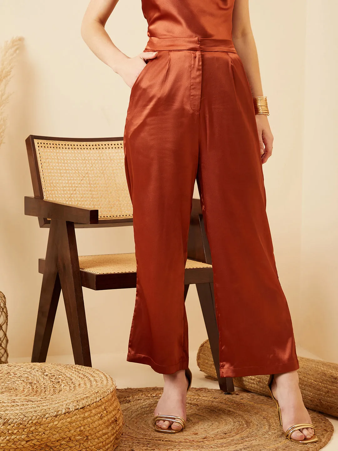 Berrylush Women Solid Brown High-Rise Waist Satin Straight Hem Regular Parallel Trousers