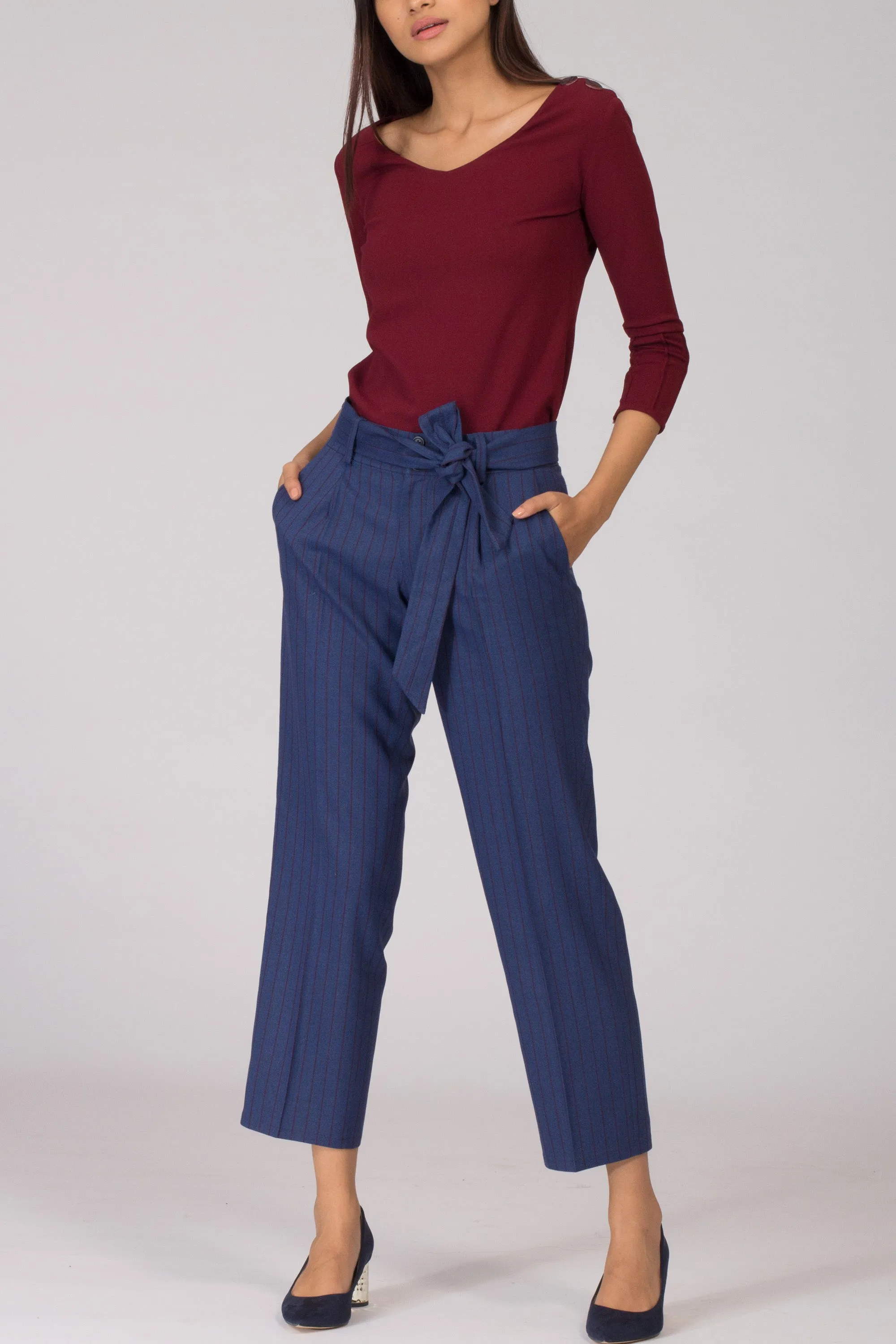 Cobalt Pinstripe Pleated Trousers with Belt