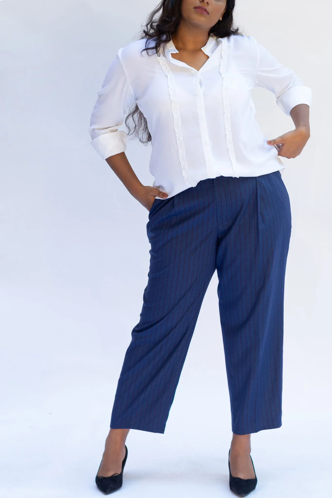Cobalt Pinstripe Pleated Trousers with Belt