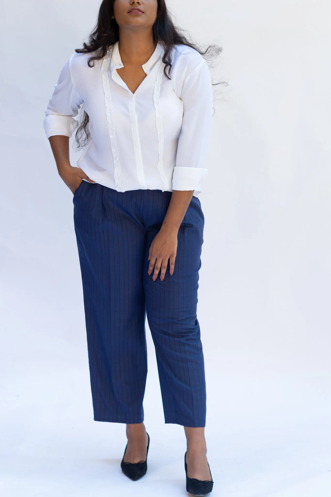 Cobalt Pinstripe Pleated Trousers with Belt