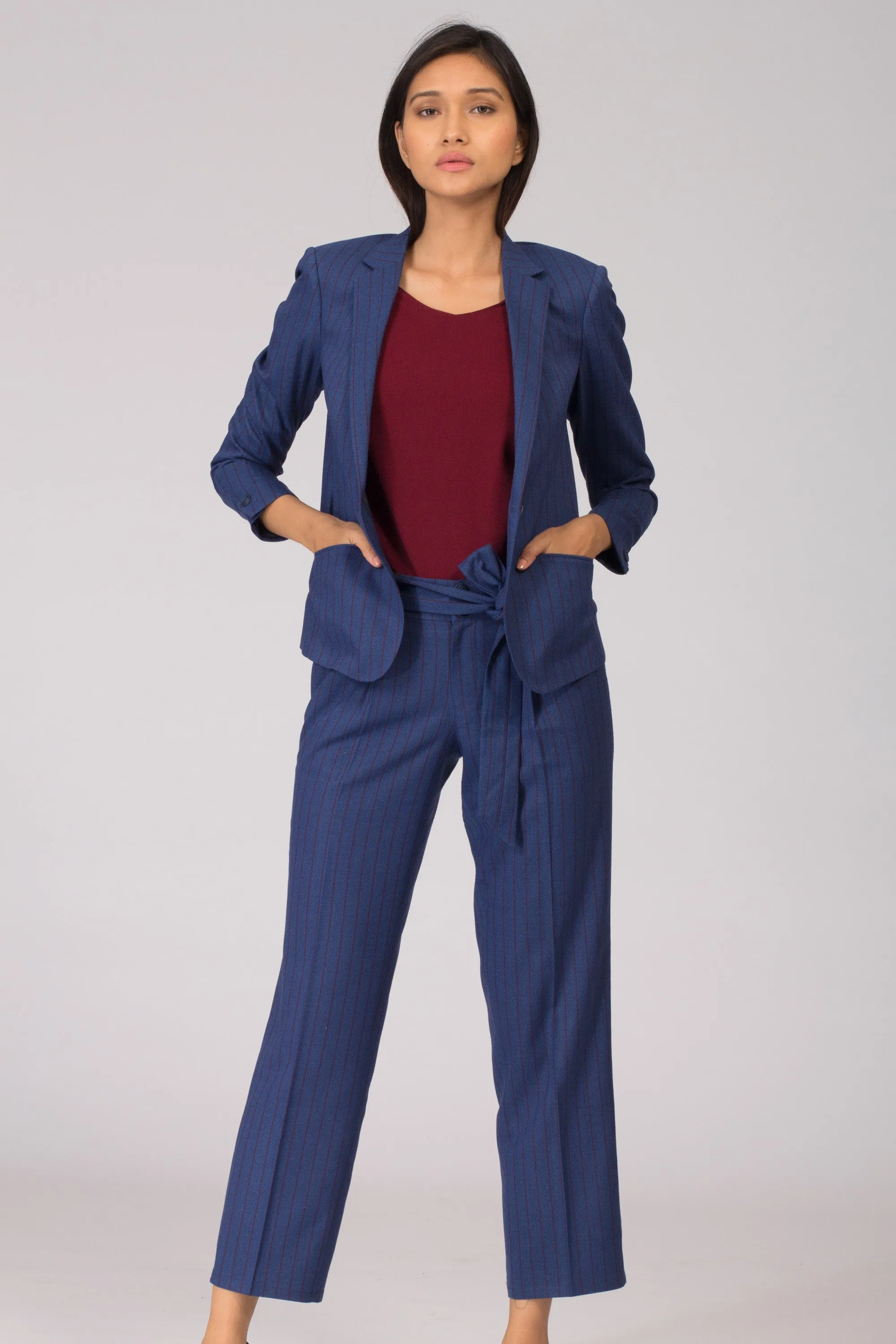 Cobalt Pinstripe Pleated Trousers with Belt