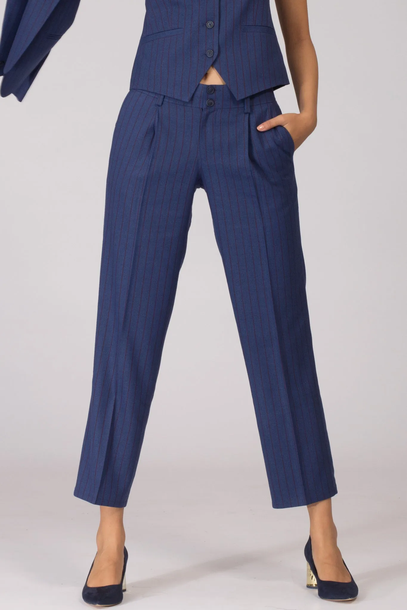 Cobalt Pinstripe Pleated Trousers with Belt