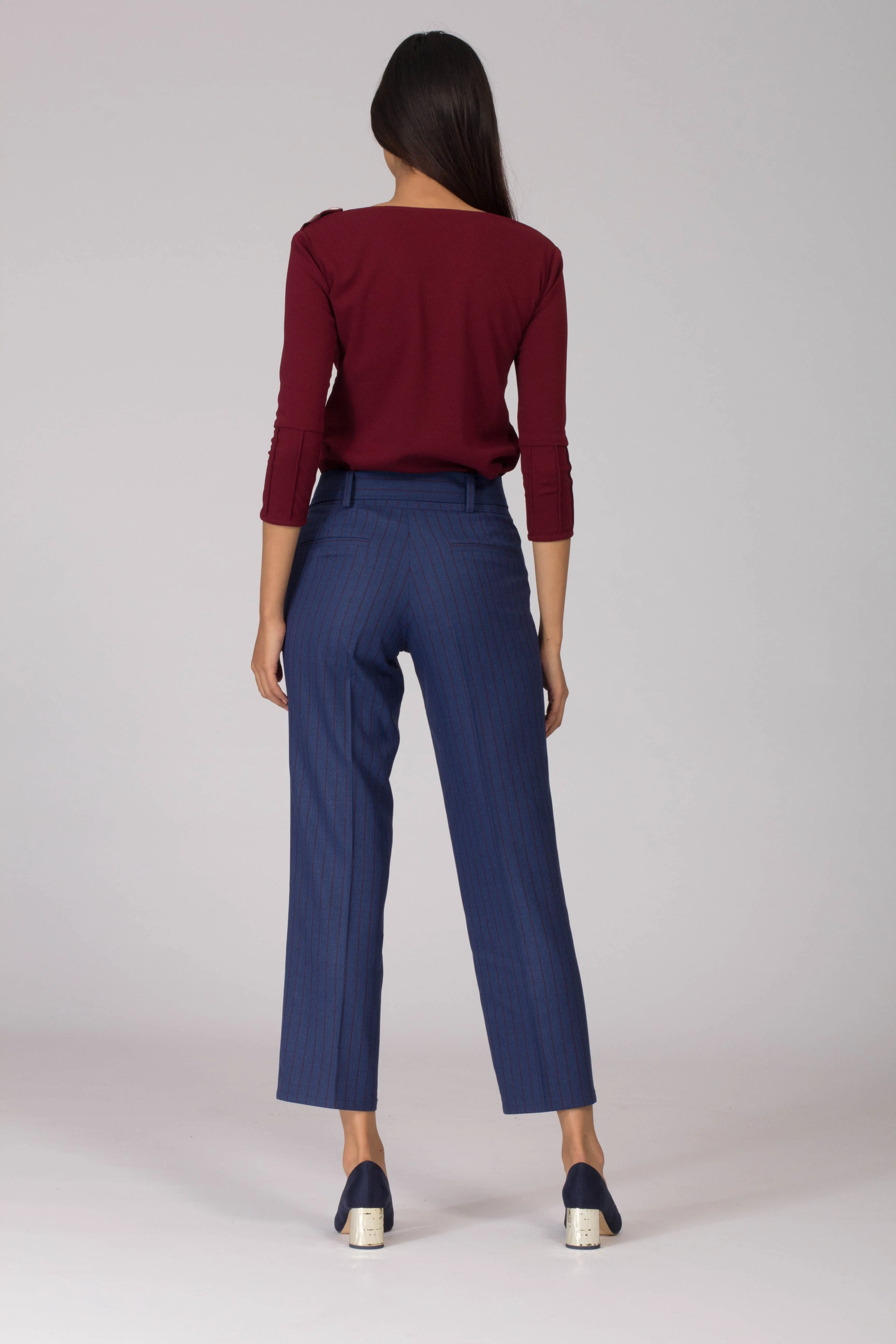 Cobalt Pinstripe Pleated Trousers with Belt