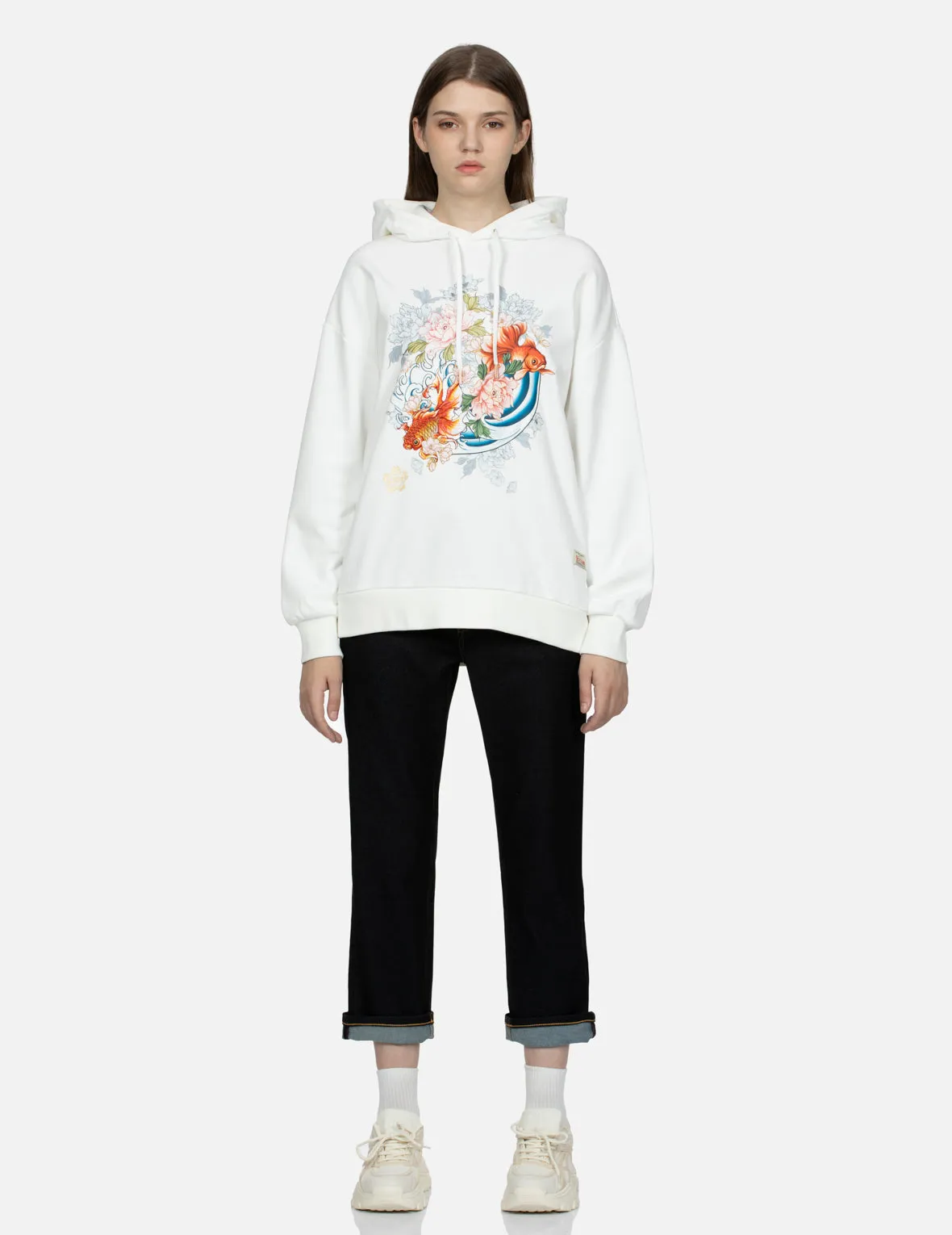 Embroidery Goldfish and Floral Flow Brushstroke Daicock Print Boyfriend Jeans