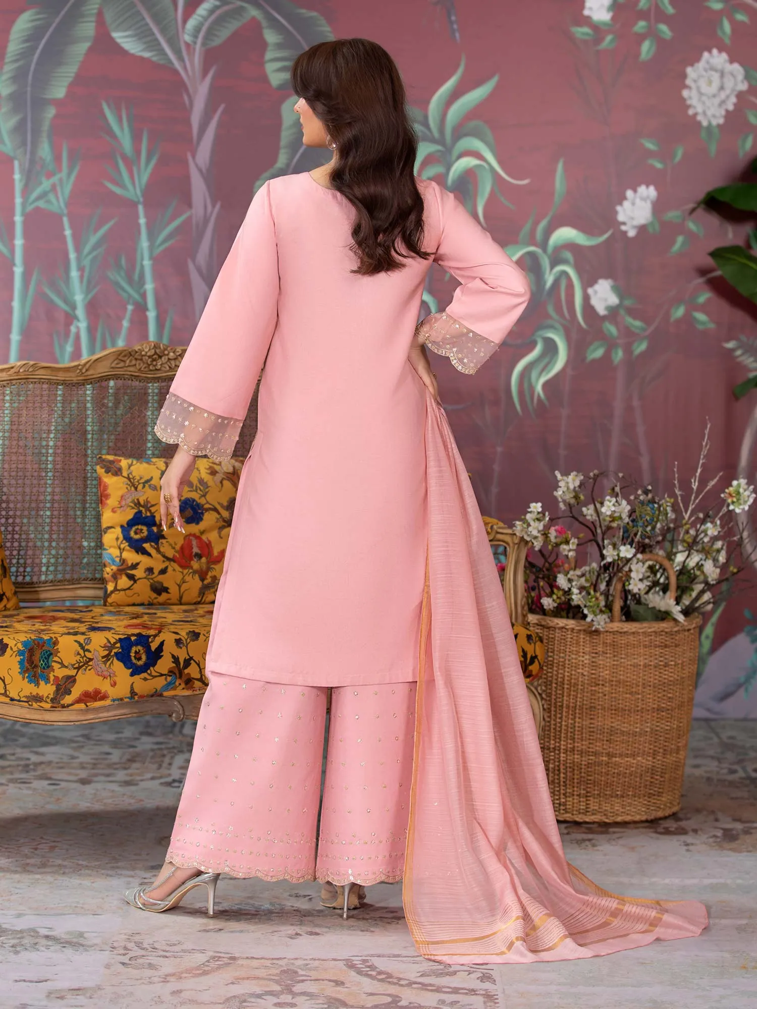 Heera's Pink Embroidered Dhanak Suit with Palazzo