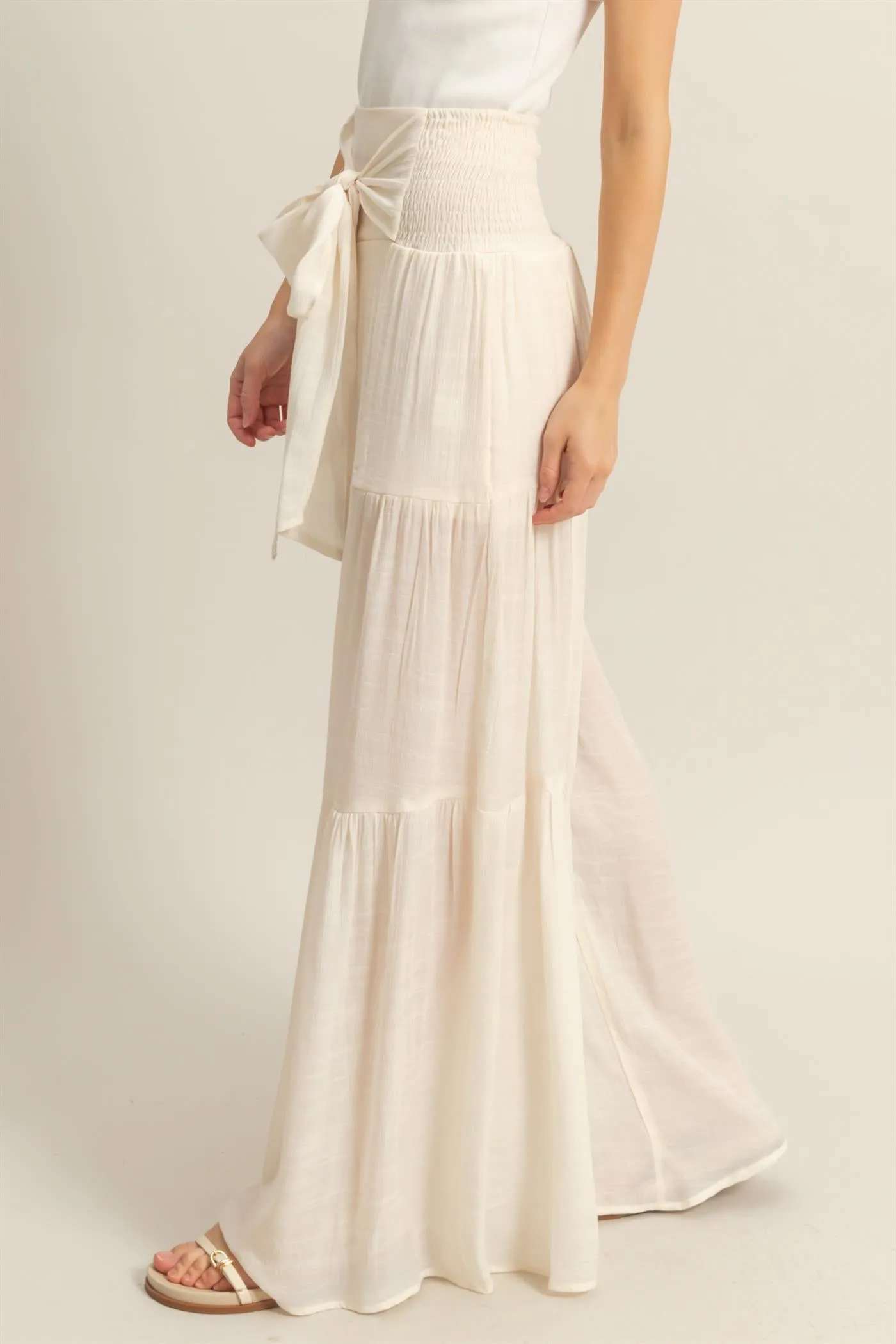 HF25E041-Front Tie Waist Tiered Palazzo Pants