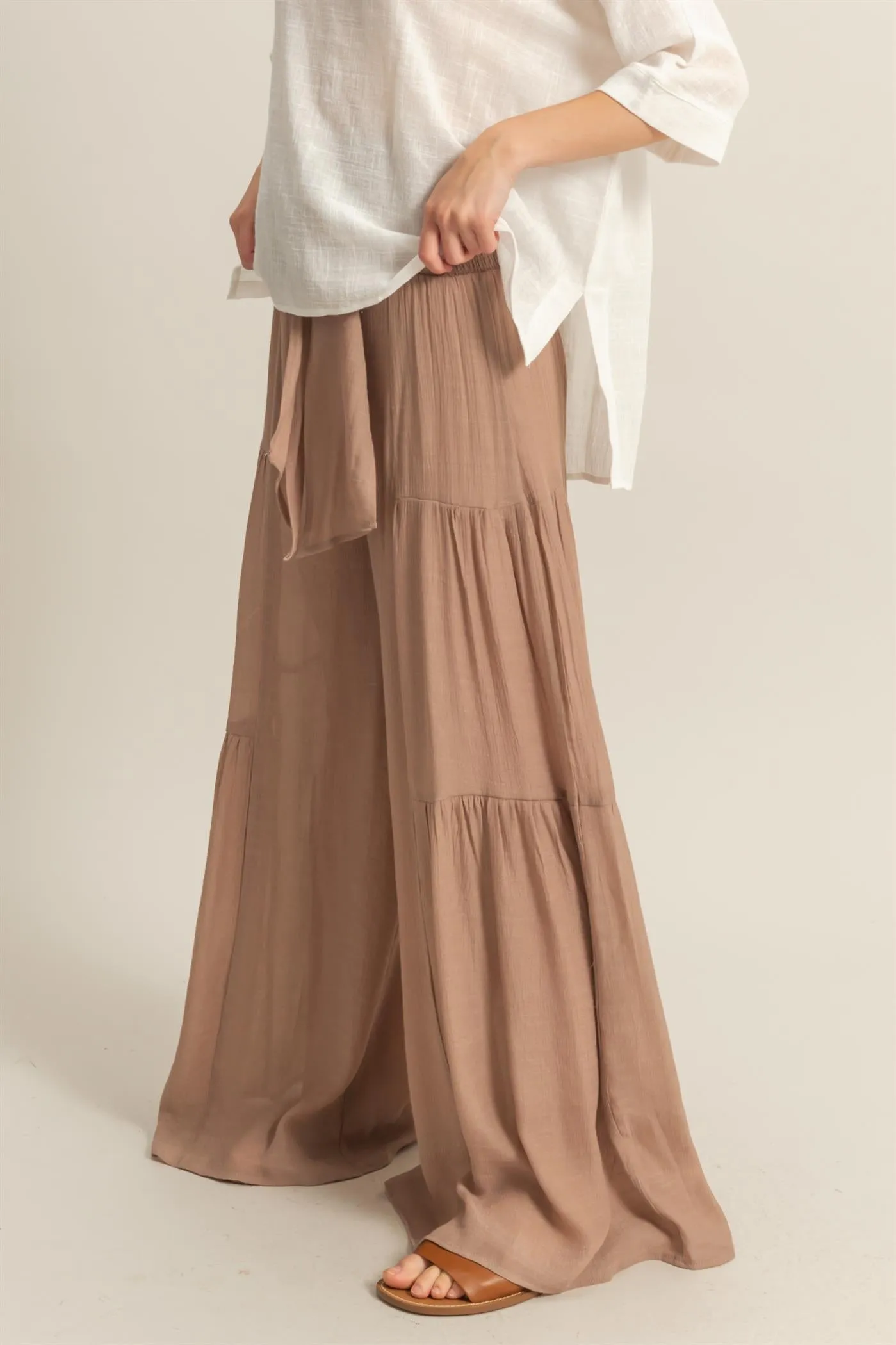 HF25E041-Front Tie Waist Tiered Palazzo Pants