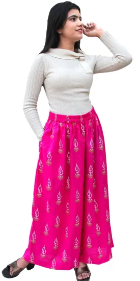 Hot Pink Block Print Rayon Palazzo Pants/Trousers