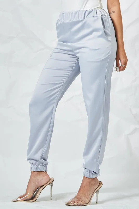 Ice Blue Satin Joggers with Pockets