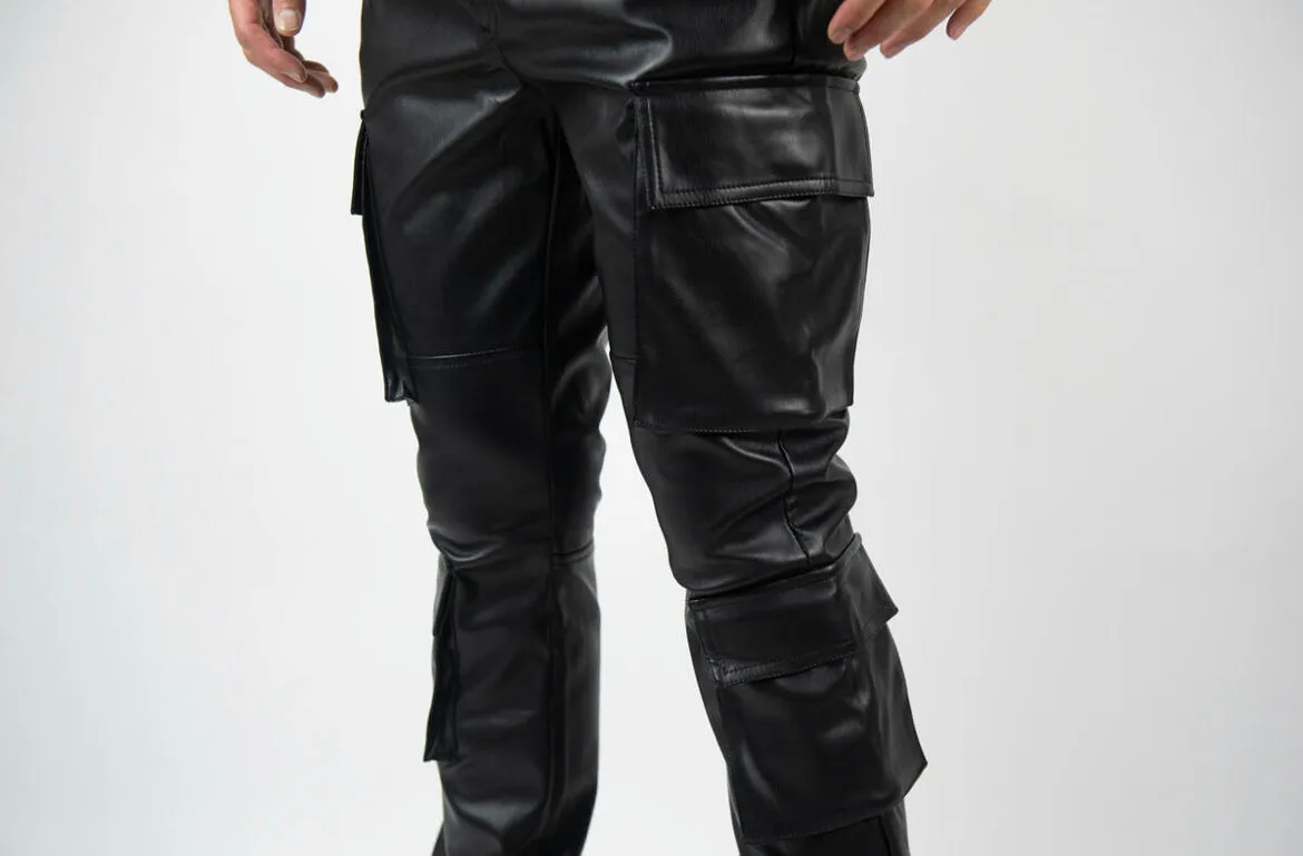 R3BEL FAUX LEATHER CARGO PANTS (Stacked Fit)