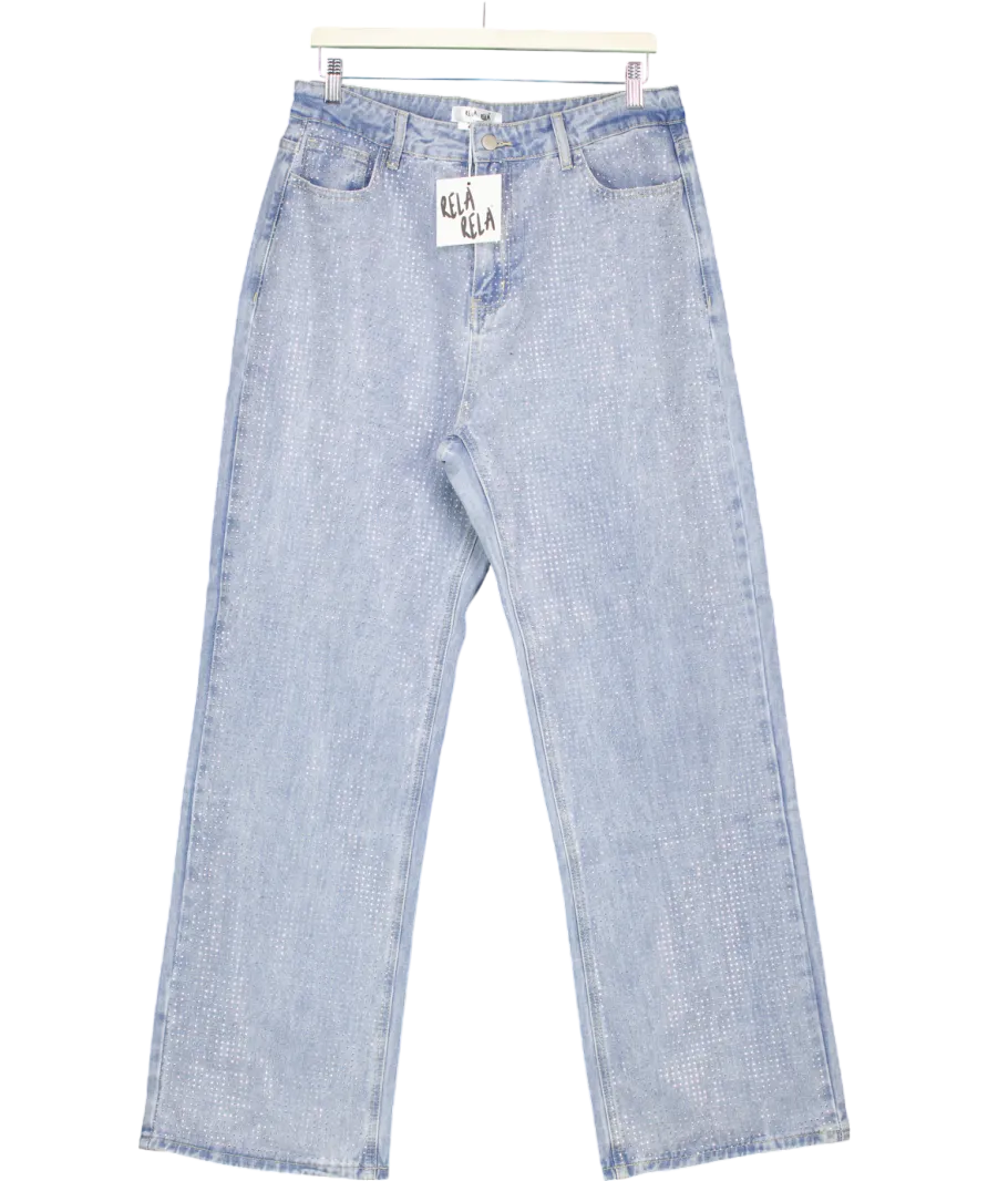 Rela Rela Blue Boyfriend Loose Fit Mid Rise Rhinestone Jeans UK XL