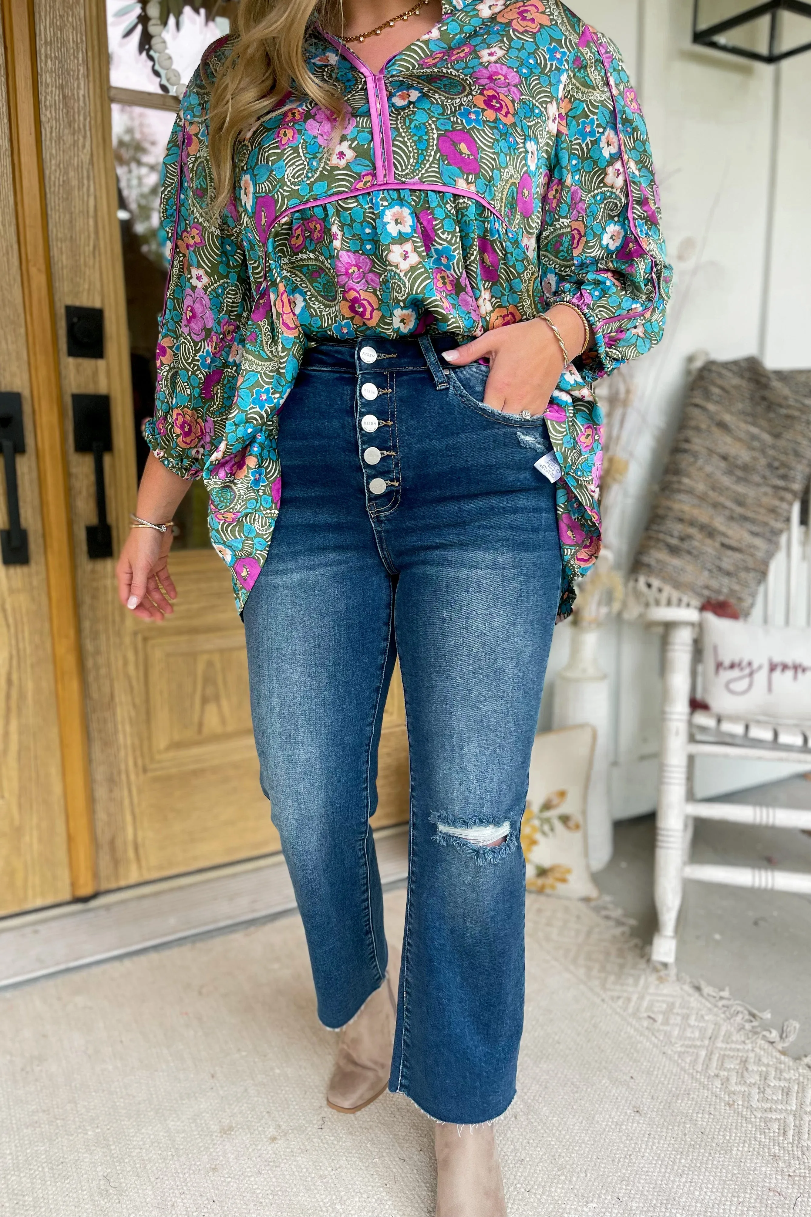 Risen James High Rise Crop Straight Button Down Distressed Denim Jeans [1-3XL]