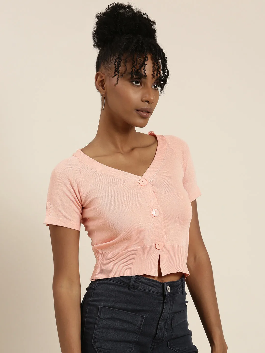 V-Neck Solid Peach Crop Top