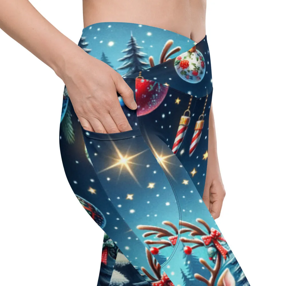 Whimsical Winter Wear Crossover Leggings with Pockets
