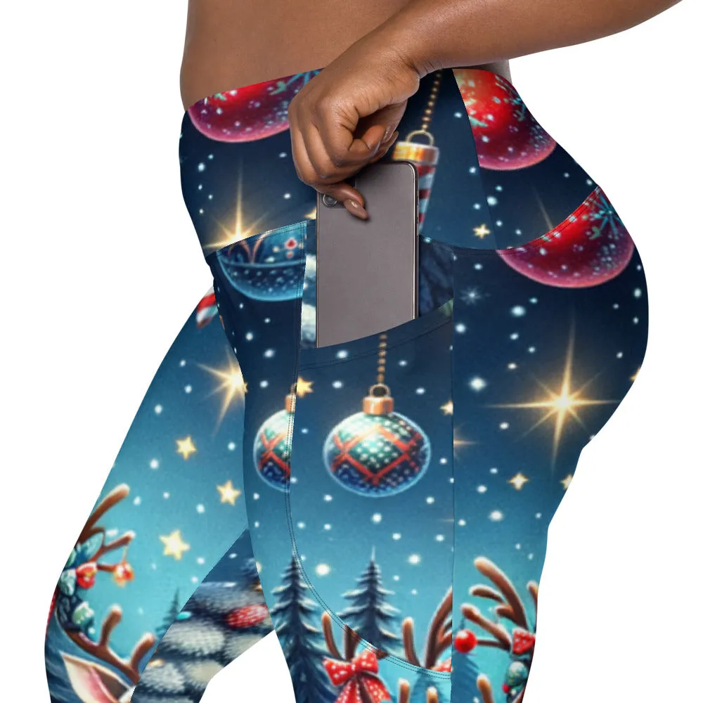 Whimsical Winter Wear Crossover Leggings with Pockets