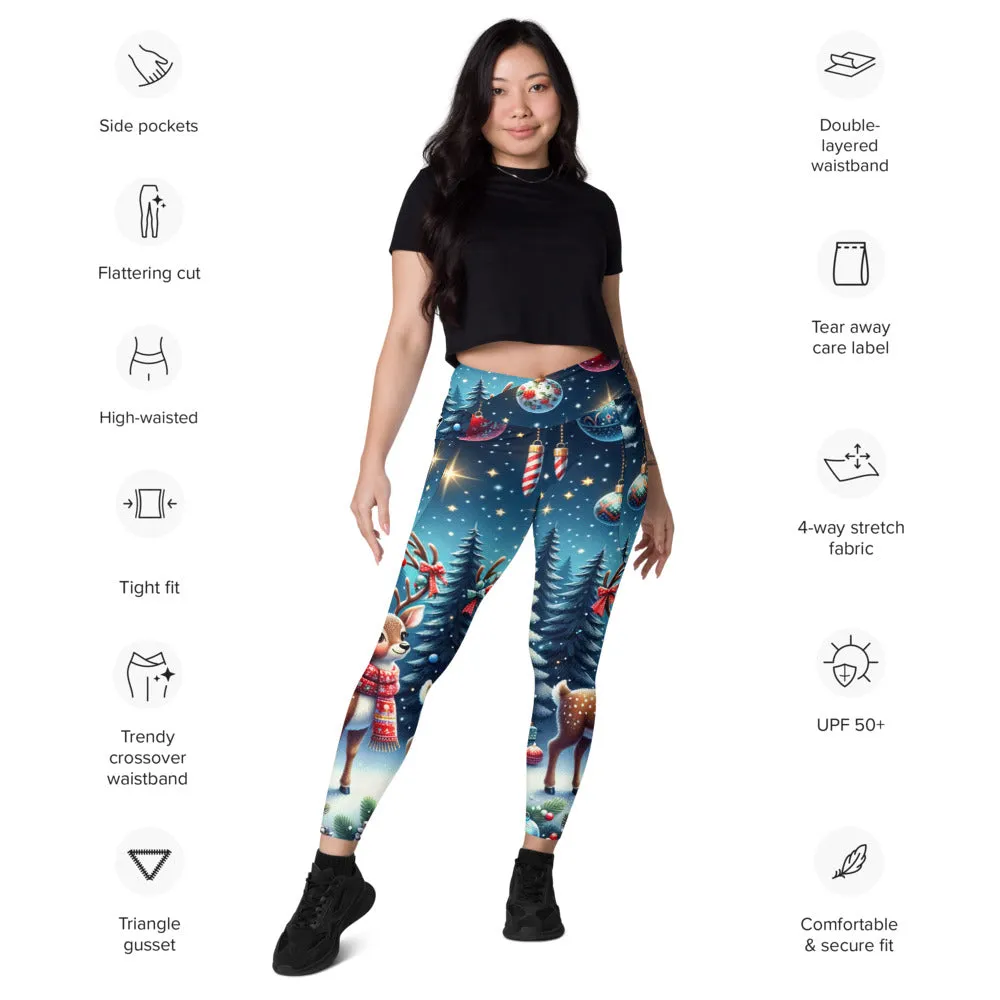 Whimsical Winter Wear Crossover Leggings with Pockets