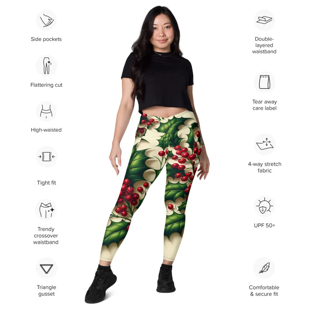 Whimsical Winter Wear Crossover Leggings with Pockets