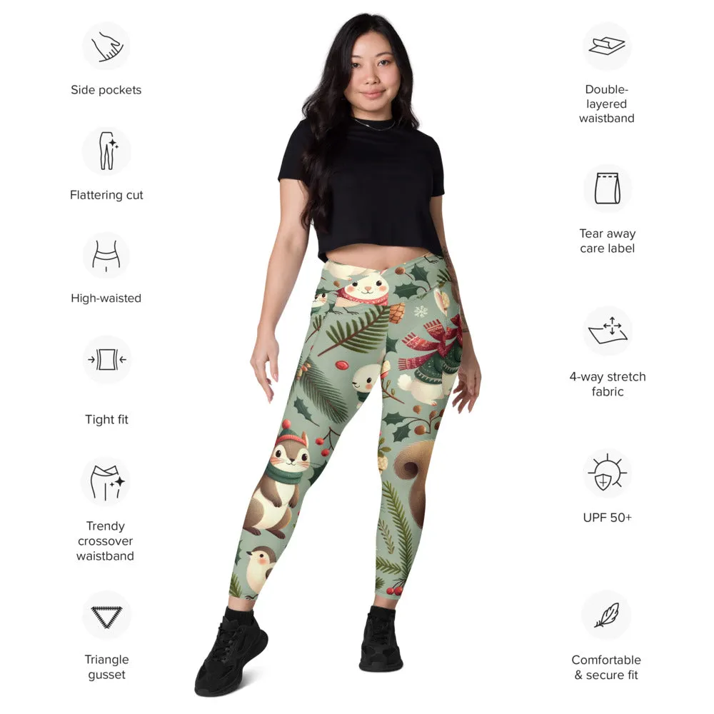 Whimsical Winter Wear Crossover Leggings with Pockets