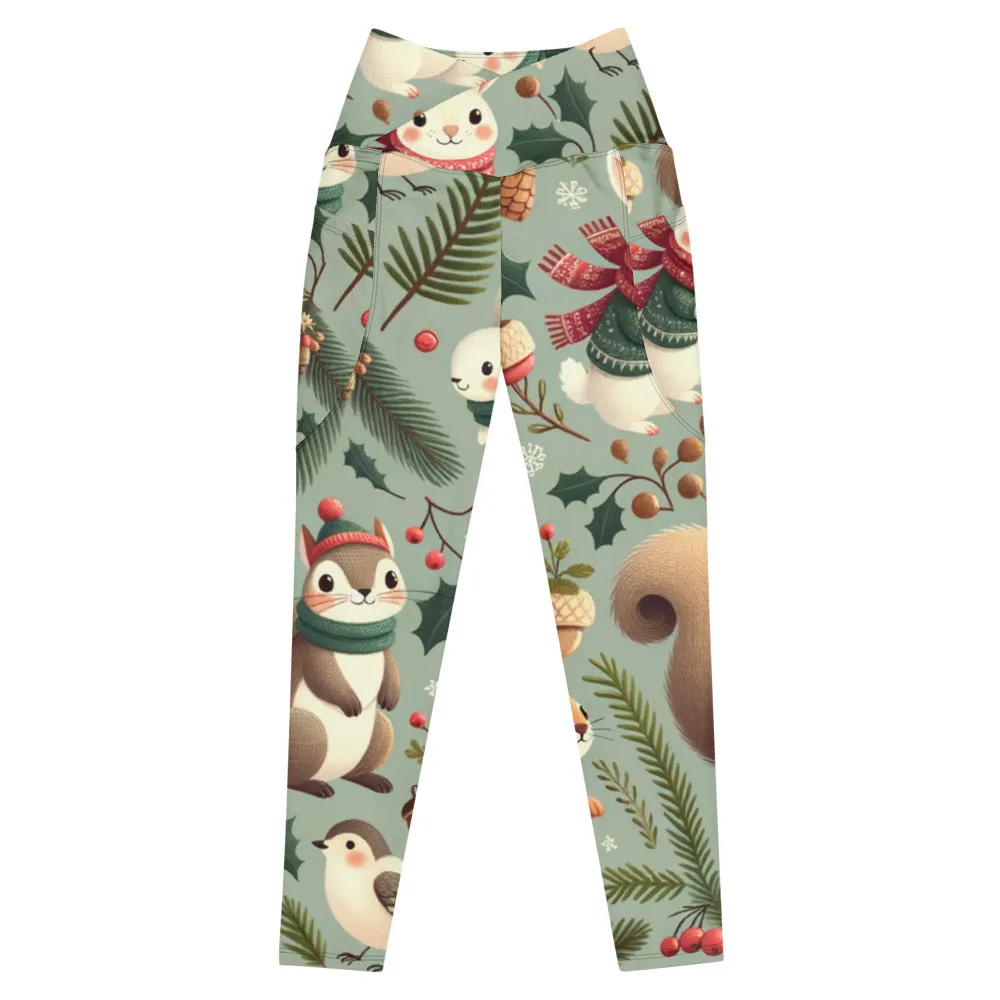 Whimsical Winter Wear Crossover Leggings with Pockets