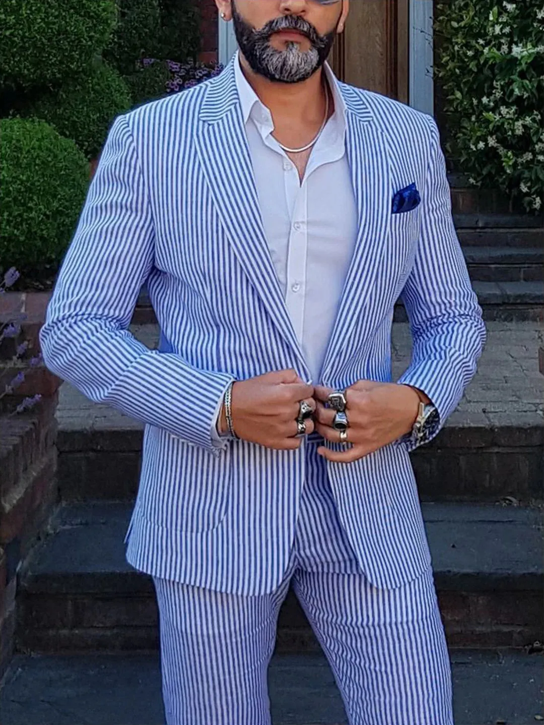 Wiaofellas  -  New Men's Suit 2 Pieces Blazer Pants Single Breasted Pinstripe Buckle Work Wool Wear Wedding Prom Costume Size Color