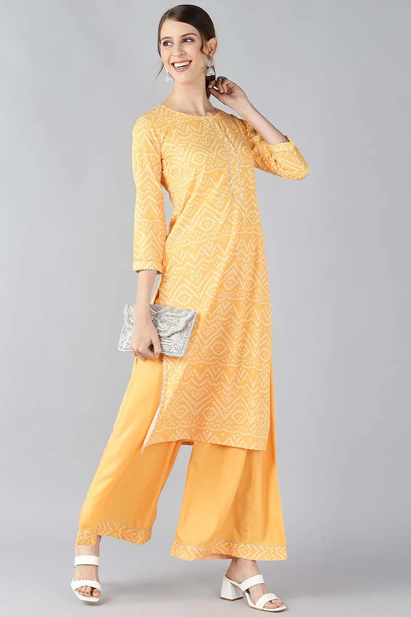 Yellow Crepe Bandhani Printed Straight Kurta Palazzo Set