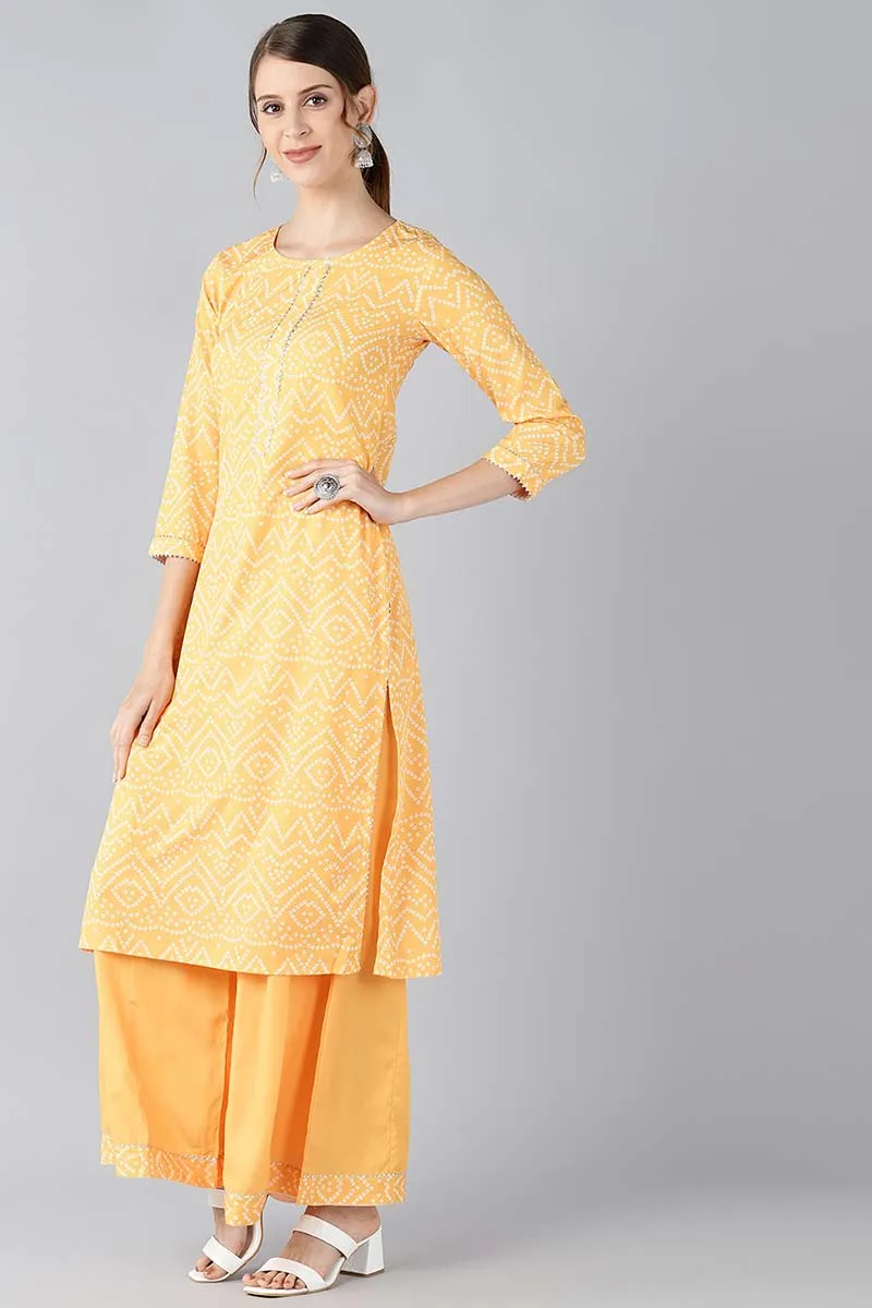 Yellow Crepe Bandhani Printed Straight Kurta Palazzo Set