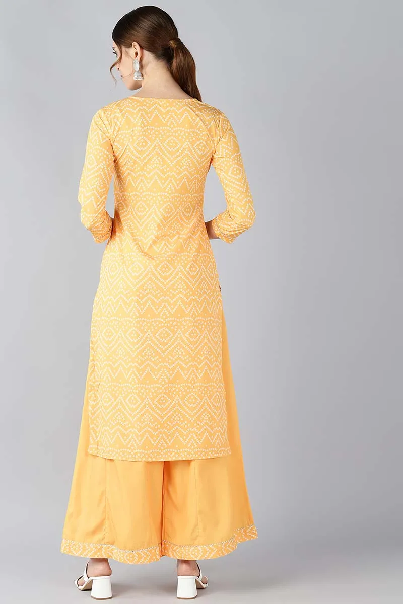 Yellow Crepe Bandhani Printed Straight Kurta Palazzo Set