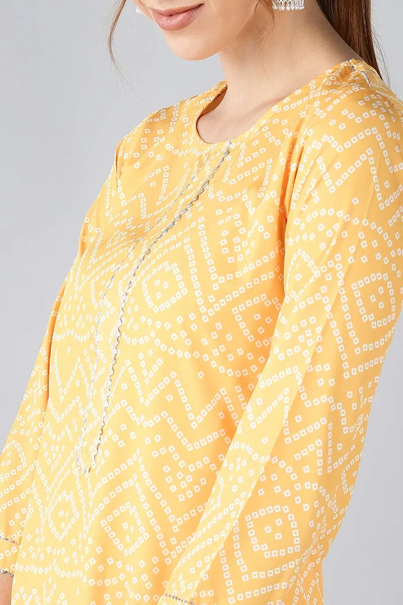 Yellow Crepe Bandhani Printed Straight Kurta Palazzo Set