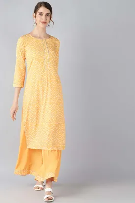 Yellow Crepe Bandhani Printed Straight Kurta Palazzo Set