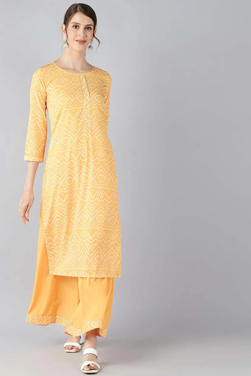 Yellow Crepe Bandhani Printed Straight Kurta Palazzo Set